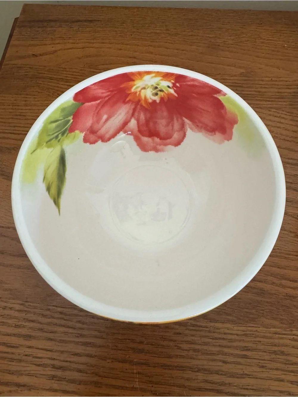 Pier 1 Red Floral Ceramic Serving Bowl with Green Leaves